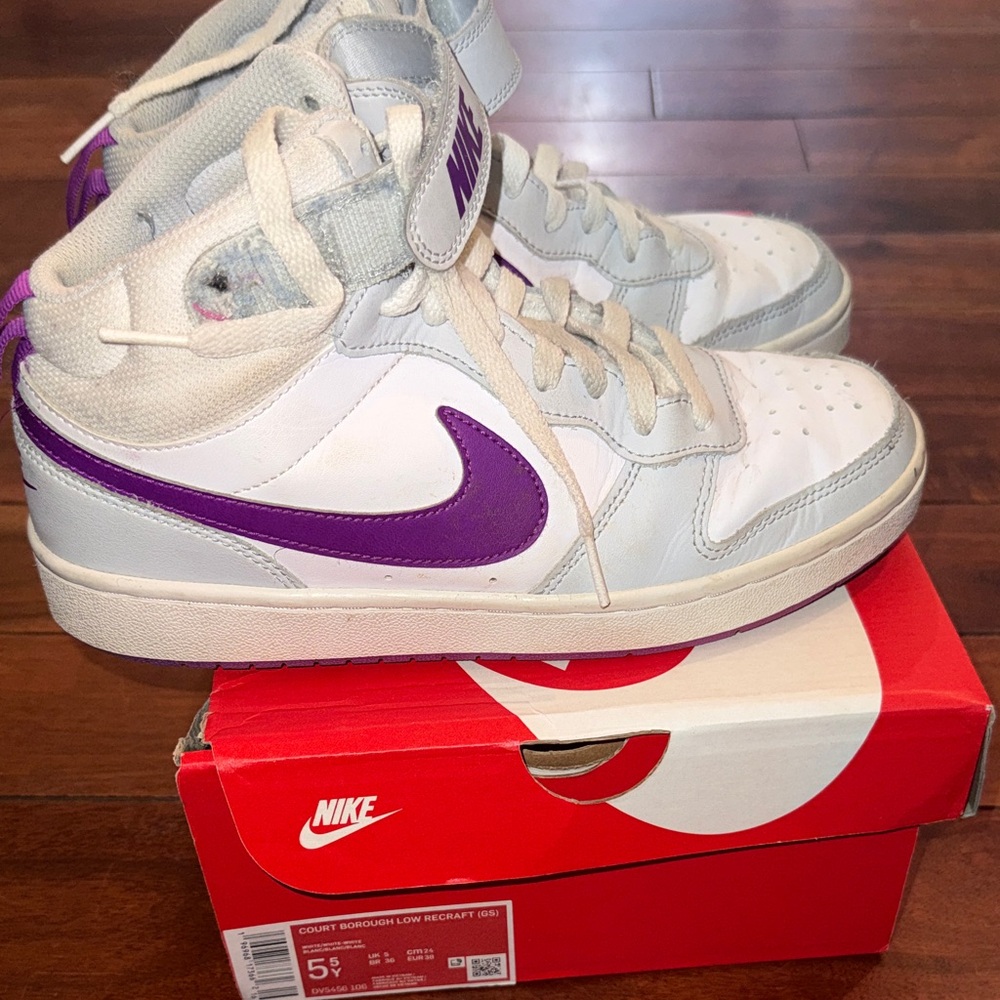 Nike White and Purple Court Borough Sneakers